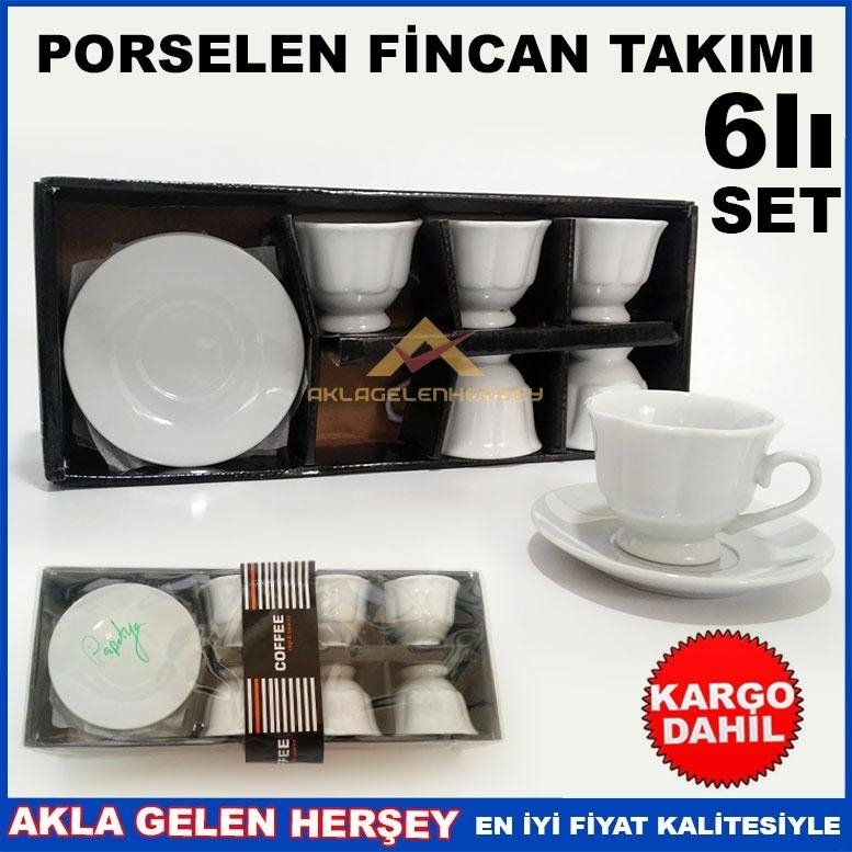 KENDİNDEN DESENLİ DÜZ BEYAZ PORSELEN KAHVE FİNCAN TAKIMI PAPATYA