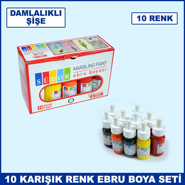 Damlalıklı Yeni Şişelerde 10 Karışık Farklı Renk Ebru Boya Seti - Südor Ebru Boyası 25 ml