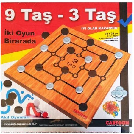 9 Taş-3 Taş 2 Oyun Bir Arada Profesyonel Ahşap 33x33Cm  Zeka Oyunu