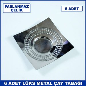 6 Adet Paslanmaz Çelik Kare Dizayn Lüks Çay Tabağı - 6'lı Metal Çay Tabağı