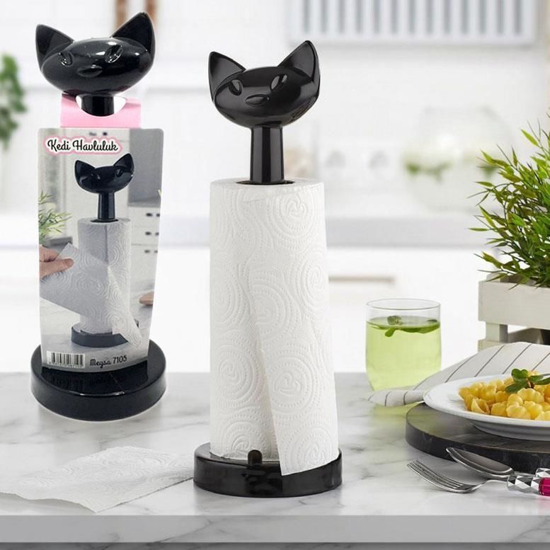 Siyah Renk Kedi Tasarımlı Plastik Masa Üstü Kağıt Havluluk Standı