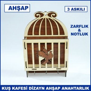 Kuş Kafesi Dizayn Ahşap 3 Askılı Anahtarlık Zarflık ve Notluk