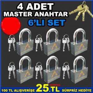 4 YEDEKLİ TÜM KİLİTLERİ AÇAN MASTER ANAHTAR ile AYNI ANAHTARLA AÇILAN 6lı ADET ÇELİK ASMA KİLİT SETİ