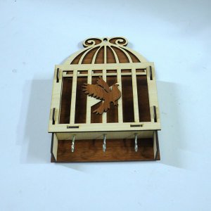Kuş Kafesi Dizayn Ahşap 3 Askılı Anahtarlık Zarflık ve Notluk