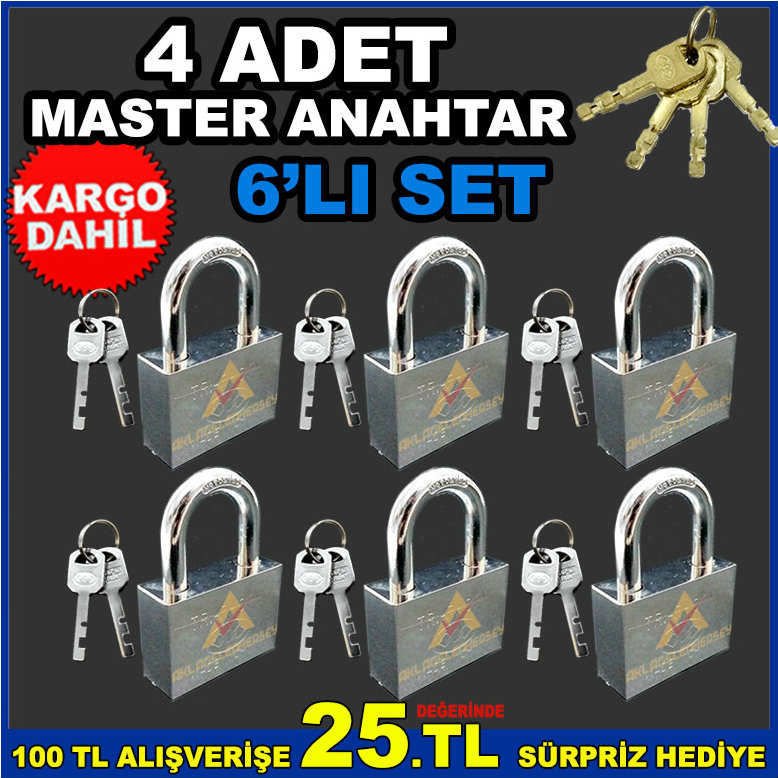 4 YEDEKLİ TÜM KİLİTLERİ AÇAN MASTER ANAHTAR ile AYNI ANAHTARLA AÇILAN 6lı ADET ÇELİK ASMA KİLİT SETİ