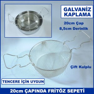 20cm Çapında 8,5cm Derinliğinde Çift Kulplu Galvaniz Kaplama Fritöz Sepeti - Tencere İçi Süzgeç
