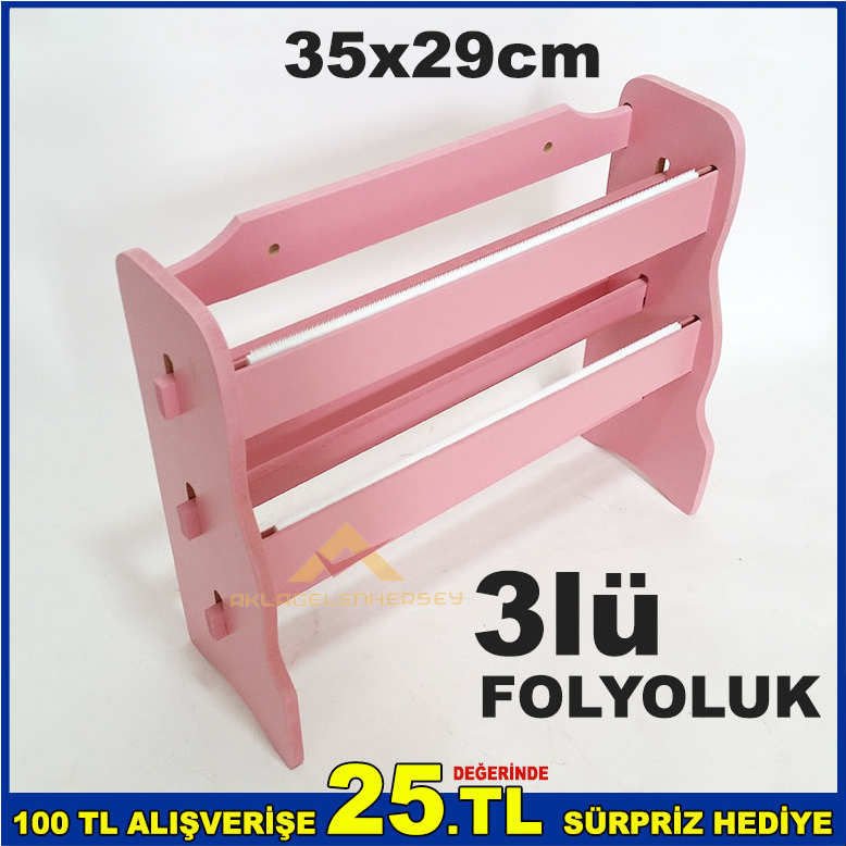 ŞIK ve KULLANIŞLI 3 KATLI SET ÜSTÜ AHŞAP FOLYOLUK STREÇLİK KAĞIT HAVLULUK DUVARA MONTE PEMBE