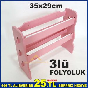 ŞIK ve KULLANIŞLI 3 KATLI SET ÜSTÜ AHŞAP FOLYOLUK STREÇLİK KAĞIT HAVLULUK DUVARA MONTE PEMBE
