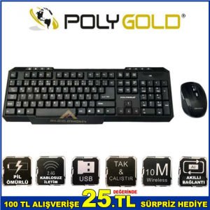 POLYGOLD AKILLI BAĞLANTI 10mt ÇALIŞMA UZAKLIĞI USB GİRİŞLİ KABLOSUZ MULTİMEDİA KLAVYE VE MOUSE