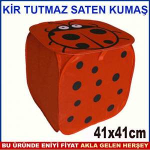 Saten Kumaştan Uğur Böceği Desenli Katlanır Sepet Kapaklı Kare Çamaşır,Oyuncak Sepeti 41x41x42cm
