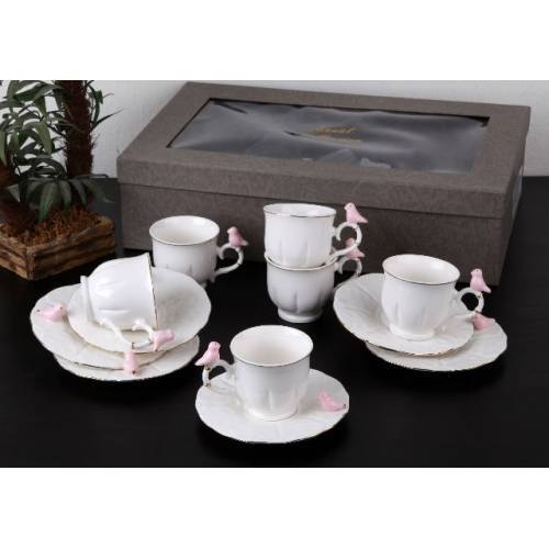 Gönül Collection G1830 6lı Kuş Motifli Kahve Fincan Seti Şık Tasarım ve Özel Saklama Kutulu