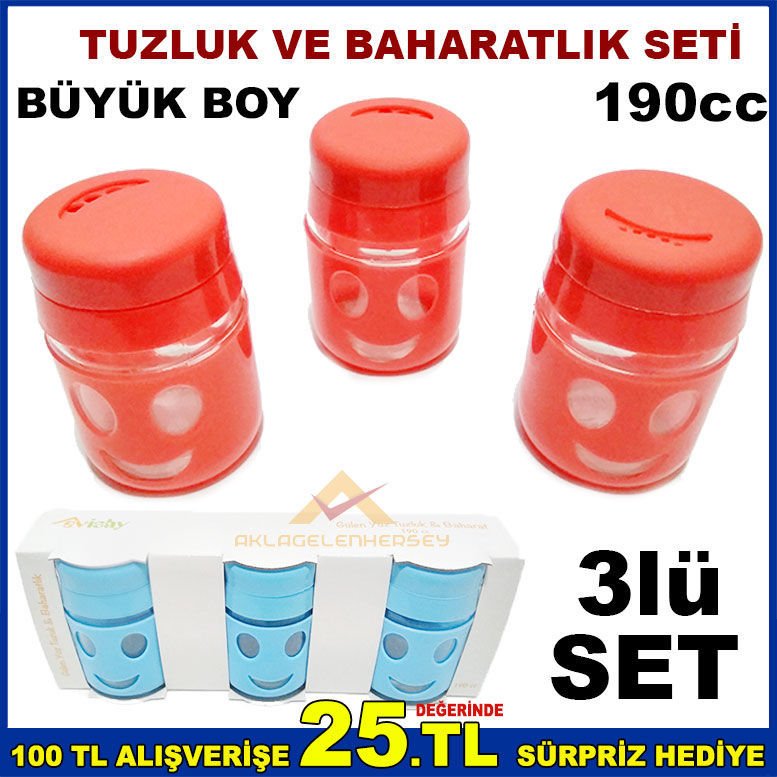 3lü SET GÜLEN YÜZLÜ CAM TUZLUK ve BAHARAT SETİ