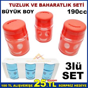 3lü SET GÜLEN YÜZLÜ CAM TUZLUK ve BAHARAT SETİ