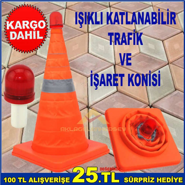 YER KAPLAMAZ AÇILDIĞINDA 24.5x50cm BOYUTUNA ULAŞAN IŞIKLI KATLANABİLİR TRAFİK VE İŞARET KONİSİ