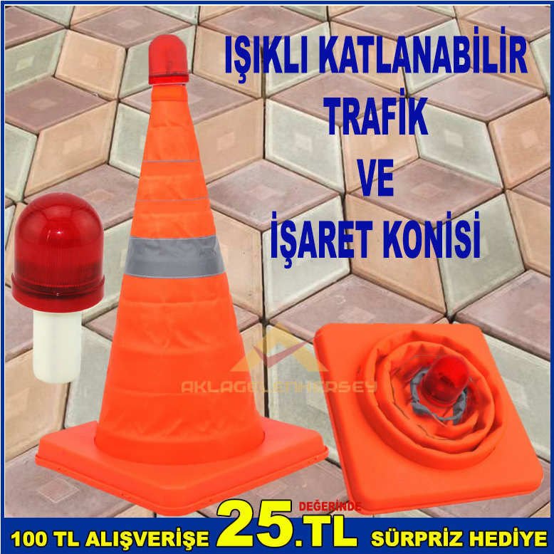 YER KAPLAMAZ AÇILDIĞINDA 24.5x50cm BOYUTUNA ULAŞAN IŞIKLI KATLANABİLİR TRAFİK VE İŞARET KONİSİ