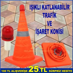 YER KAPLAMAZ AÇILDIĞINDA 24.5x50cm BOYUTUNA ULAŞAN IŞIKLI KATLANABİLİR TRAFİK VE İŞARET KONİSİ