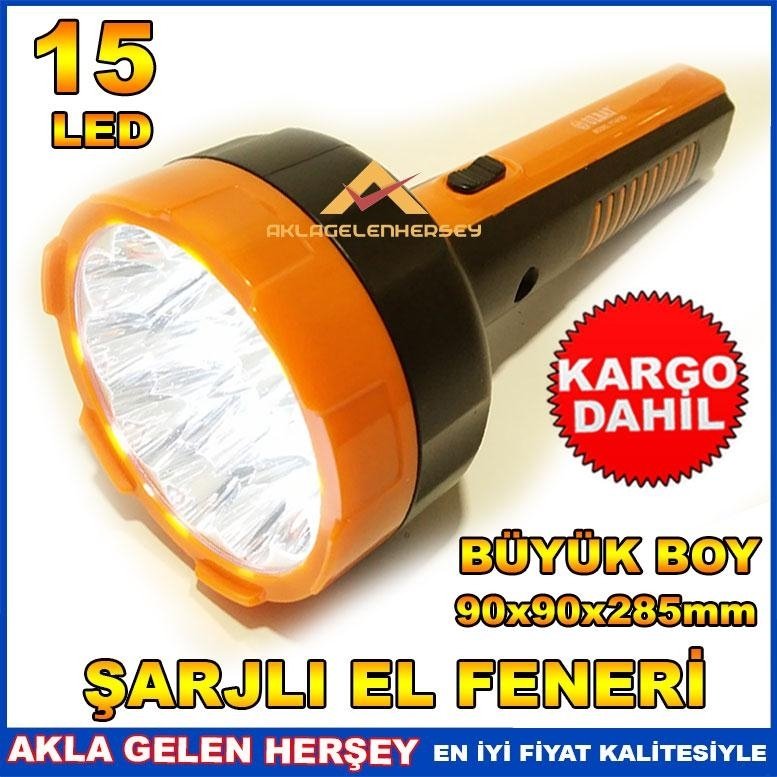Ücretsiz Kargo 15 LEDLİ 2 KADEMELİ BÜYÜK BOY ŞARJLI EL FENERİ