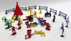 31 Parça Küçük Farklı Renkte Kaliteli Plastikten Kovboy Figür Seti Çitler, Top ve Kabile Çadırıyla