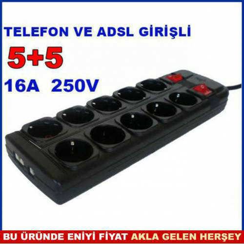 5x2 10 ÇOĞALTICILI AÇMA KAPAMA ANAHTARLI TELEFON VE ADSL GİRİŞLİ 16 AMPER 10'LU GÜVENLİ GRUP PRİZ