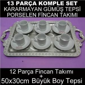 Gümüş Kaplama Büyük Çay-Kahve Tepsisi İle 12 Parça Fincan Seti