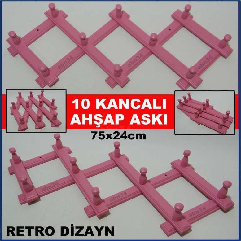 PEMBE KATLANABİLİR RETRO 10 KANCA AHŞAP AKORDEON ASKI,NOSTALJİK