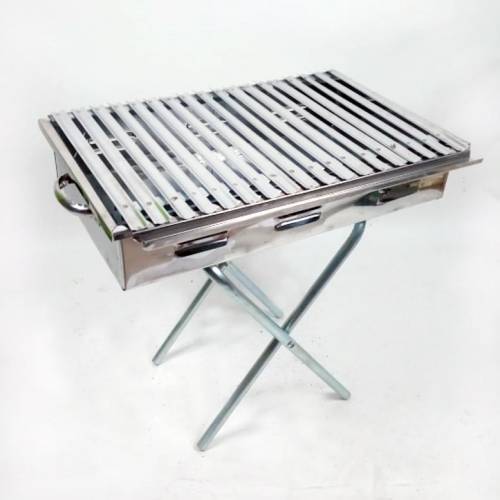 Paslanmaz Çelik Katlanabilir Ayaklı Portatif Mangal Izgara 50 cm Çift Kulplu Barbekü