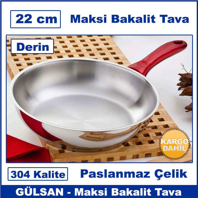 Gülsan 304 Kalite Paslanmaz Çelik Tek Saplı Kapsül Taban 22cm Derin Çelik Tava - Maksi Bakalit Tava