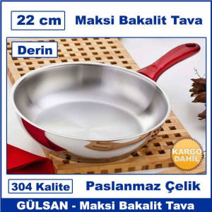 Gülsan 304 Kalite Paslanmaz Çelik Tek Saplı Kapsül Taban 22cm Derin Çelik Tava - Maksi Bakalit Tava