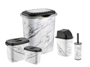 Beyaz Mermer Desen 9 Parça Banyo Çamaşır Seti Kirli Sepeti+Deterjanlık Wc Fırçası Diğerleriyle Full