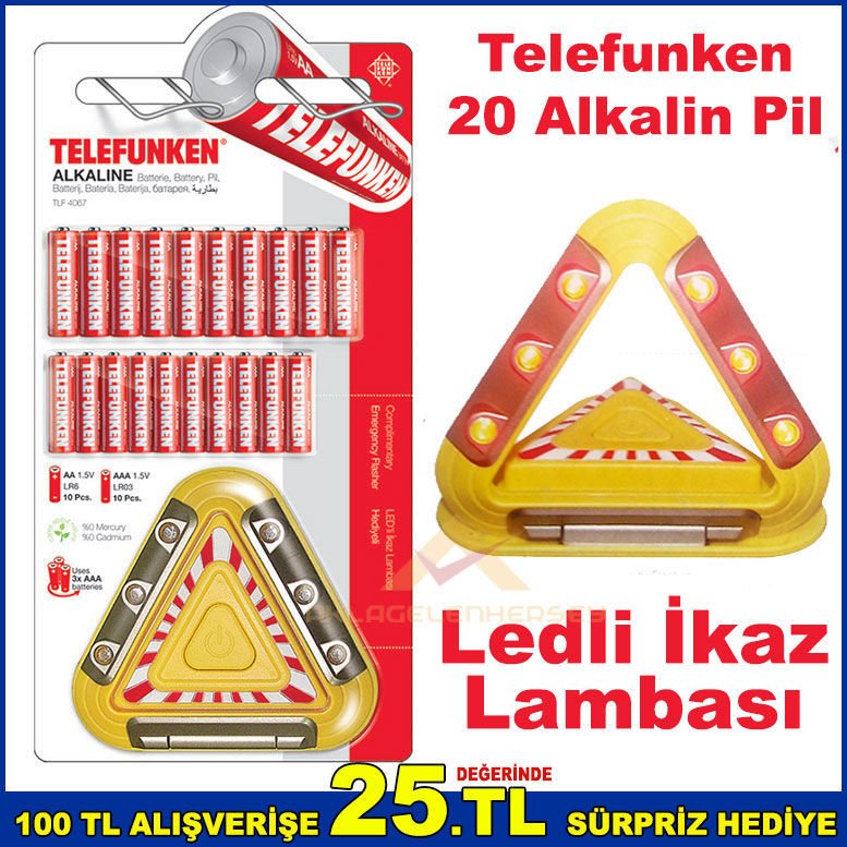 Telefunken 20adet Alkalin Pil 10adet AA + 10adet AAA Kalem Pil ve Pilli Ledli İkaz Lambası Hediye