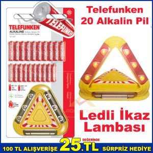 Telefunken 20adet Alkalin Pil 10adet AA + 10adet AAA Kalem Pil ve Pilli Ledli İkaz Lambası Hediye