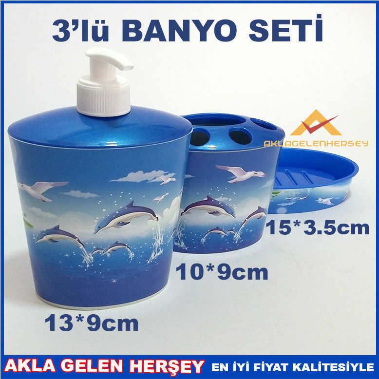 YUNUS DESENLİ MAVİ 3 lü BANYO LAVABO SETİ