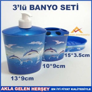 YUNUS DESENLİ MAVİ 3 lü BANYO LAVABO SETİ
