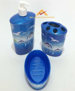 YUNUS DESENLİ MAVİ 3 lü BANYO LAVABO SETİ