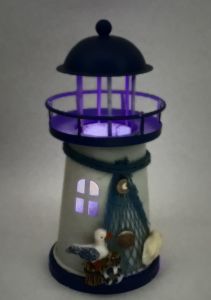 Mavi-Kırmızı Işıklı Satılık Deniz Feneri 2 Renk Led Aydınlatmalı Vintage Metal Biblo Ağ Martı Midye