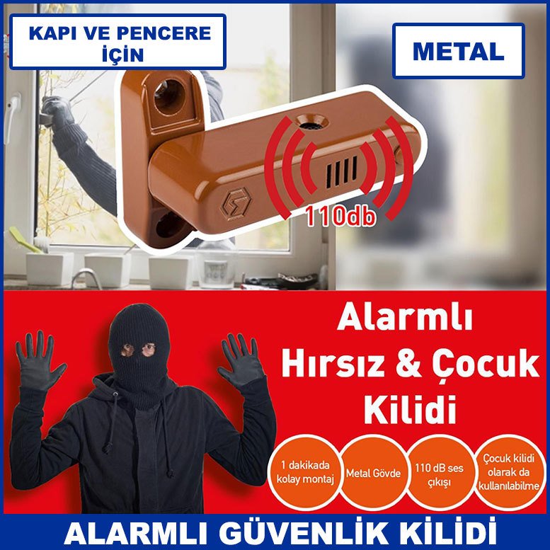 Kapı ve Pencere İçin Alarmlı Metal Çocuk ve Güvenlik Kilidi 110 db ses 1. Kalite Kahverengi Renk