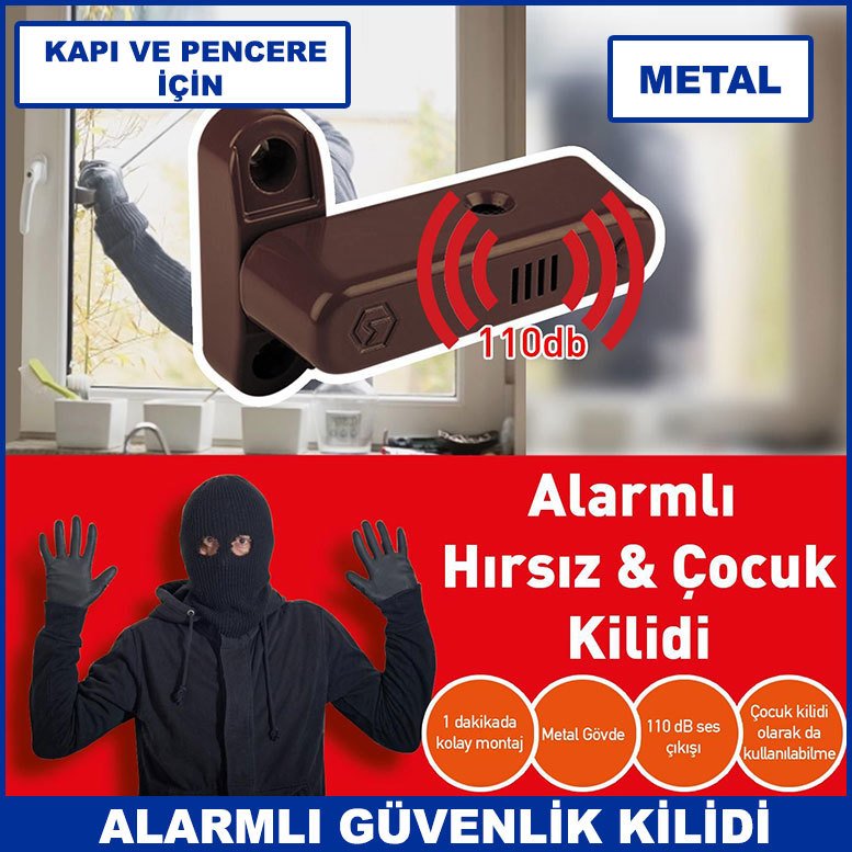 Kapı ve Pencere İçin Alarmlı Metal Çocuk ve Güvenlik Kilidi 110 db ses 1. Kalite Koyu Kahverengi