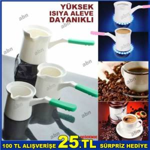 Ocak+Kömür Ateşine Yüksek Isıya Dayanıklı Porselen Kahve Cezvesi 3-5 Kişilik Büyük Boy Silikon Saplı