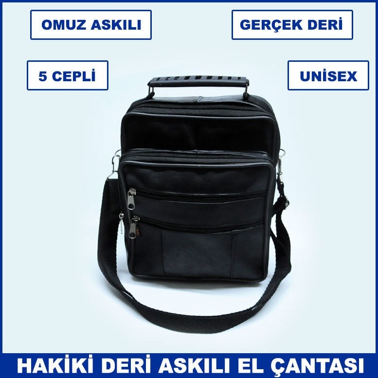 Gerçek Deriden Üretilmiş Omuz Askılı ve Kulplu 5 Cepli Büyük Boy Unisex Dikey El Çantası