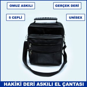 Gerçek Deriden Üretilmiş Omuz Askılı ve Kulplu 5 Cepli Büyük Boy Unisex Dikey El Çantası