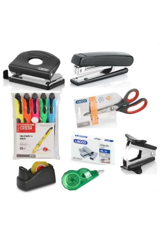 9'lu Masaüstü Kırtasiye Seti Delgeç ve Zımba+Makinası,Bant+Makinası Zımba Teli 5 Renk Fosforlu Kalem