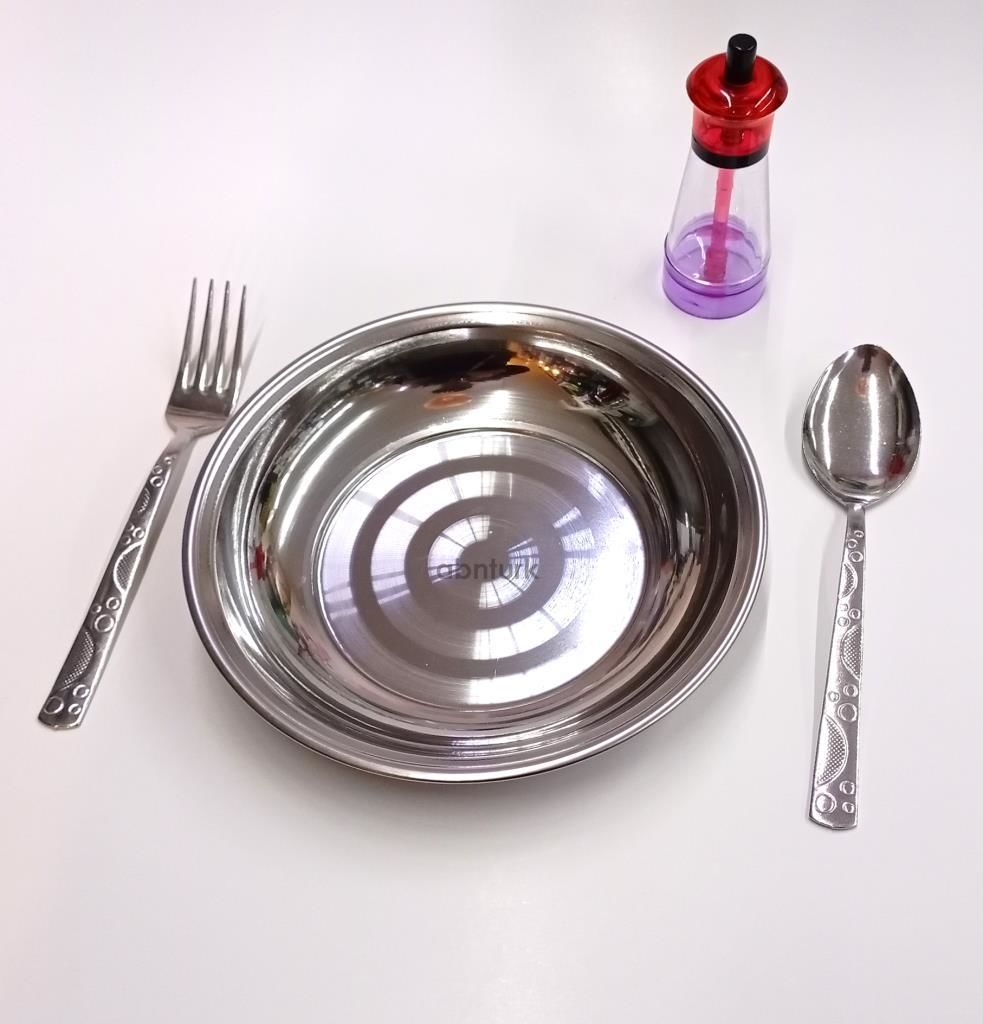 Yaşam Boyu Garanti 4 parça Yemek Seti 20cm Duble Porsiyon Çelik Yemek Tabağı Çatal Kaşık Özel Tuzluk