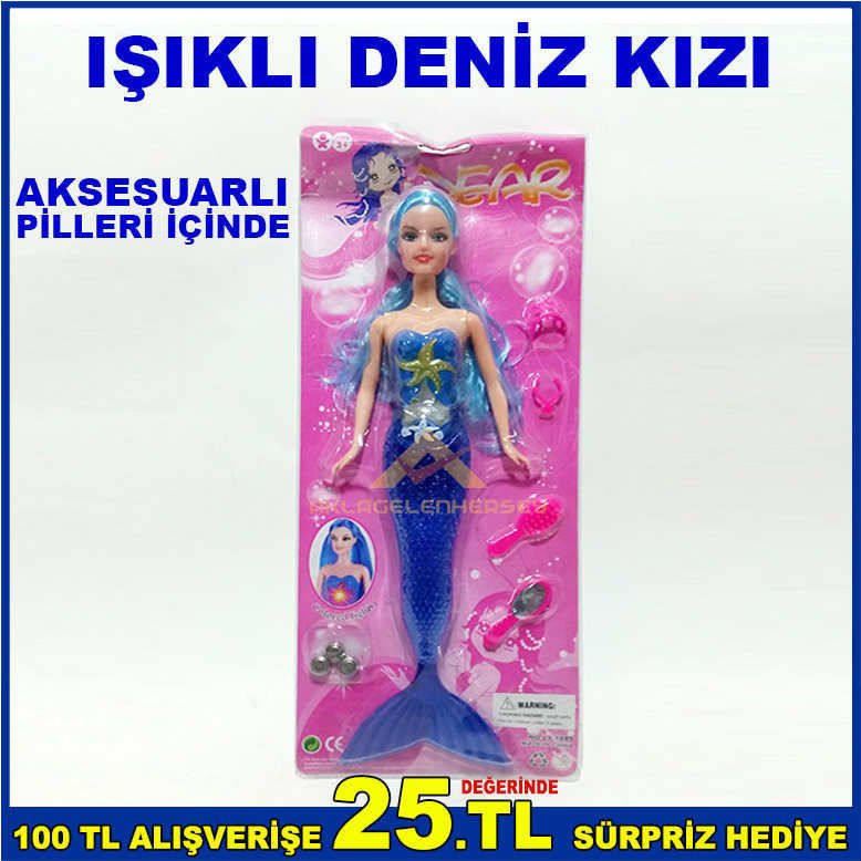 MAVİ SAÇLI AKSESUARLI RENKLİ IŞIKLI PİLLERİ İÇİNE DAHİL DENİZ KIZI