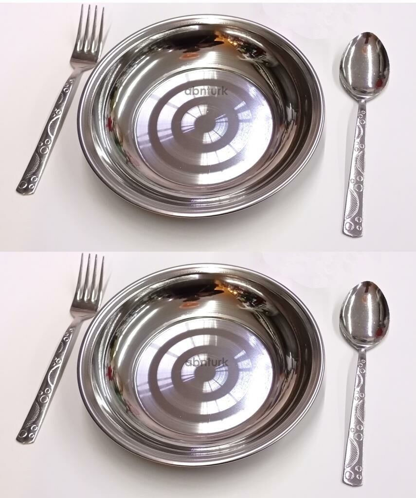 YaşamBoyu Garanti 6 parça Yemek Seti 20cm Duble Porsiyon 2 Çelik Yemek Tabağı +2 Çatal +2 Kaşık