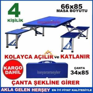 Mavi Renk Oturaklı 4 Kişilik Piknik Masası Çanta Şeklinde