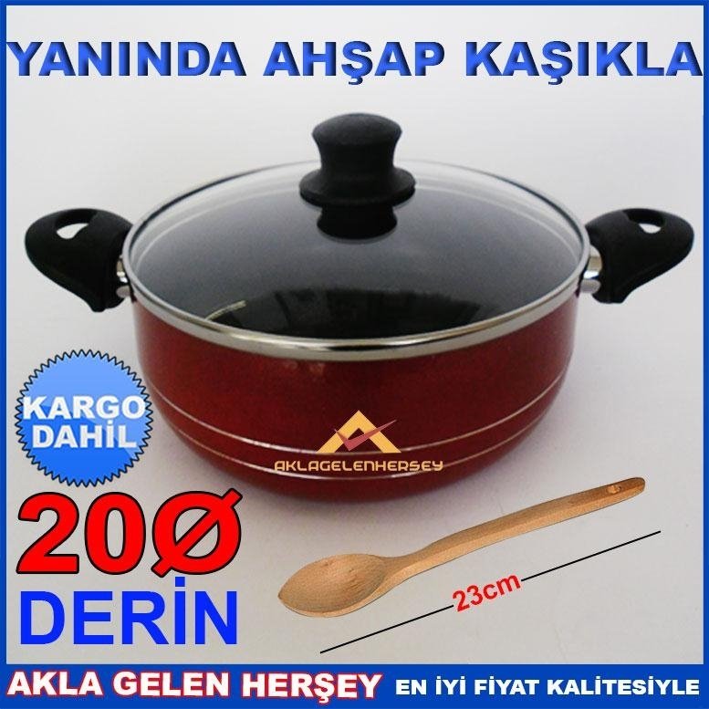 Ücretsiz Kargo AHŞAP KAŞIK HEDİYELİ DERİN 20cm TEFLON TENCERE K