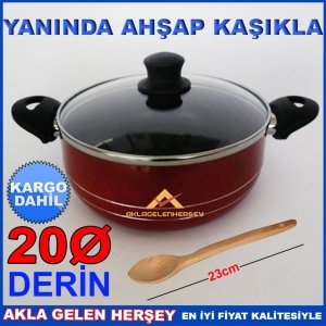Ücretsiz Kargo AHŞAP KAŞIK HEDİYELİ DERİN 20cm TEFLON TENCERE K