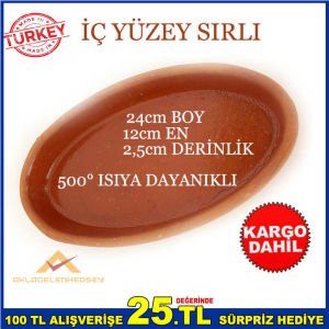 24x12cm 2'li SET TOPRAK GÜVEÇ KABI YÜKSEK ATEŞE DAYANIKLI GÜVEÇ FIRIN KABI 2 ADET TOPRAK KAYIK TABAK