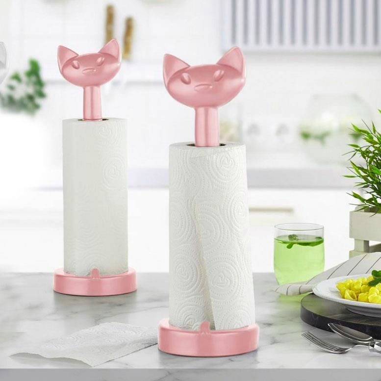 Pembe Renk Kedi Tasarımlı Plastik Masa Üstü Kağıt Havluluk Standı Pembe Renk Dekoratif Kedi Havluluk