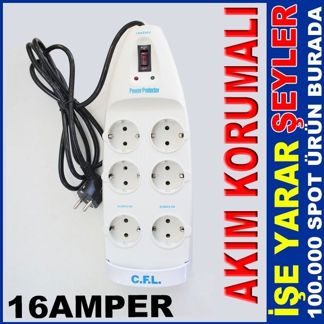 ÜCRETSİZ KARGO 16 AMPER 250v 6'lı AKIM KORUMALI ANAHTARLI PRİZ
